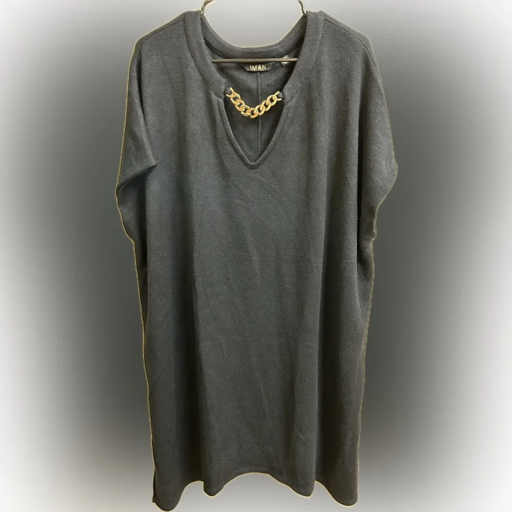 🔥5/$30🔥 IMAN Black Tunic Dress W Gold Chain Accent - Picture 2 of 5